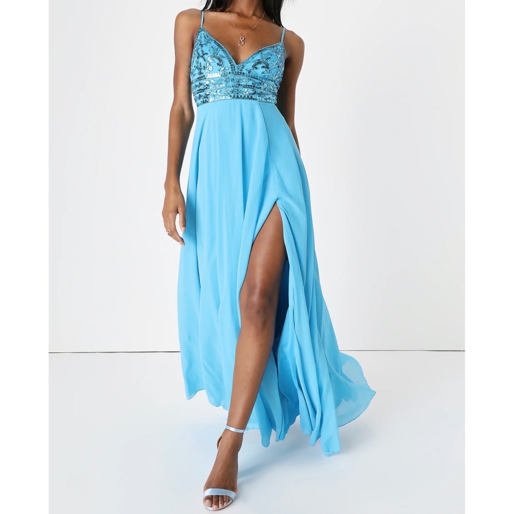 Lulus Glam Sweetheart Blue Sequin Beaded Sleeveless Maxi Dress Size M NEW